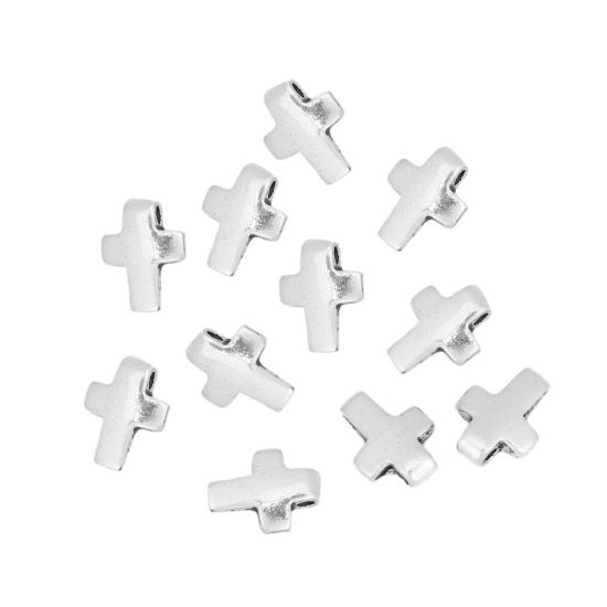 Picture of Zinc Based Alloy Spacer Beads Cross Antique Silver Color About 11mm x 8mm, Hole: Approx 1.5mm, 100 PCs