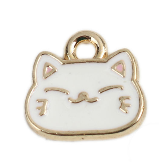 Imagen de Zamak Colgantes Charms Gato Chapado en Oro Off-white Esmalte 10mm x 9mm, 10 Unidades