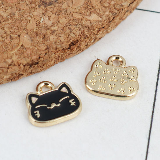Imagen de Zamak Colgantes Charms Gato Chapado en Oro Negro Esmalte 10mm x 9mm, 10 Unidades