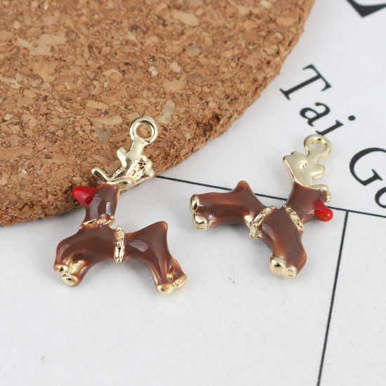 Picture of Zinc Based Alloy Charms Christmas Reindeer Gold Plated Coffee Enamel 21mm x 15mm, 10 PCs