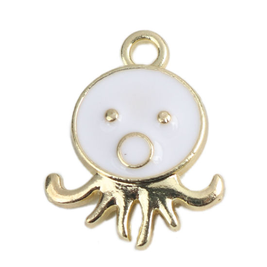 Bild von Zinklegierung Ozean Schmuck Charms Kraken Vergoldet Weiß Emaille 22mm x 17mm, 10 Stück