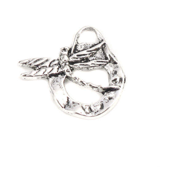 Picture of Zinc Based Alloy Insect Charms Round Antique Silver Color Dragonfly Hollow 19mm x 17mm, 50 PCs