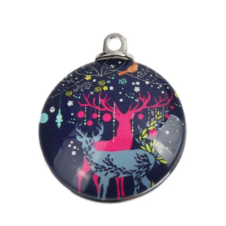 Picture of Glass Pendants Round Disc Christmas Reindeer Silver Tone Multicolor 30mm x 25mm, 5 PCs