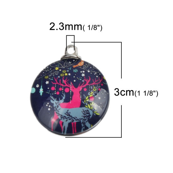 Immagine di Vetro Ciondoli Tondo Renna Tono Argento Multicolore 30mm x 25mm, 5 Pz