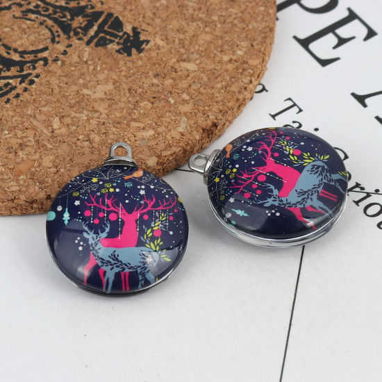 Immagine di Vetro Ciondoli Tondo Renna Tono Argento Multicolore 30mm x 25mm, 5 Pz
