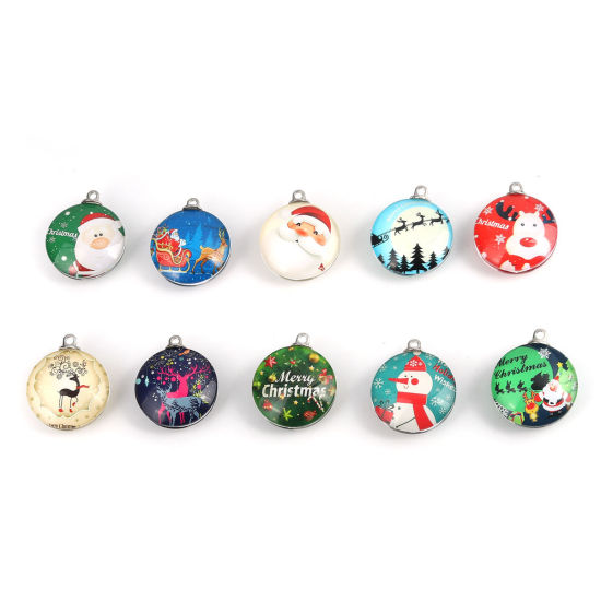 Immagine di Vetro Ciondoli Tondo Renna Tono Argento Multicolore 30mm x 25mm, 5 Pz