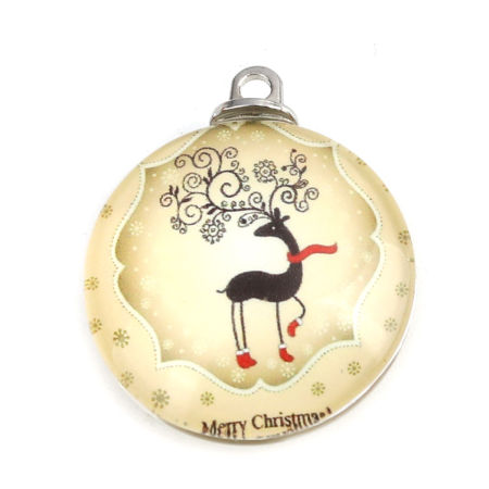 Picture of Glass Pendants Round Disc Christmas Reindeer Silver Tone Multicolor 30mm x 25mm, 5 PCs