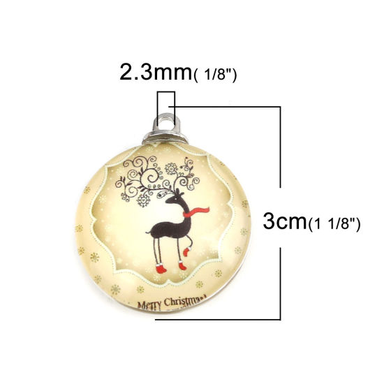Immagine di Vetro Ciondoli Tondo Renna Tono Argento Multicolore 30mm x 25mm, 5 Pz
