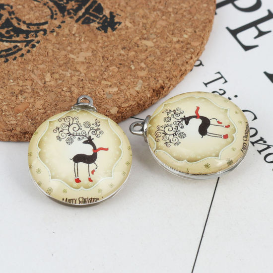 Immagine di Vetro Ciondoli Tondo Renna Tono Argento Multicolore 30mm x 25mm, 5 Pz