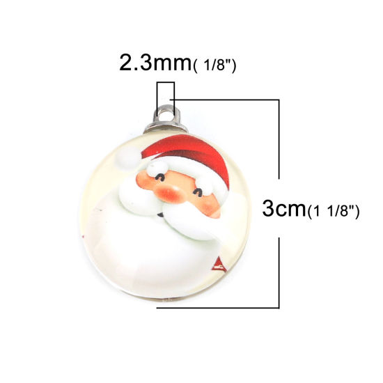 Immagine di Vetro Ciondoli Tondo Babbo Natale Tono Argento Multicolore 30mm x 25mm, 5 Pz