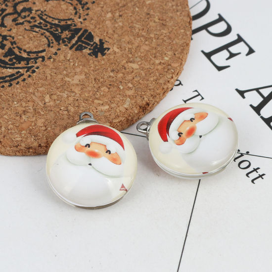 Immagine di Vetro Ciondoli Tondo Babbo Natale Tono Argento Multicolore 30mm x 25mm, 5 Pz