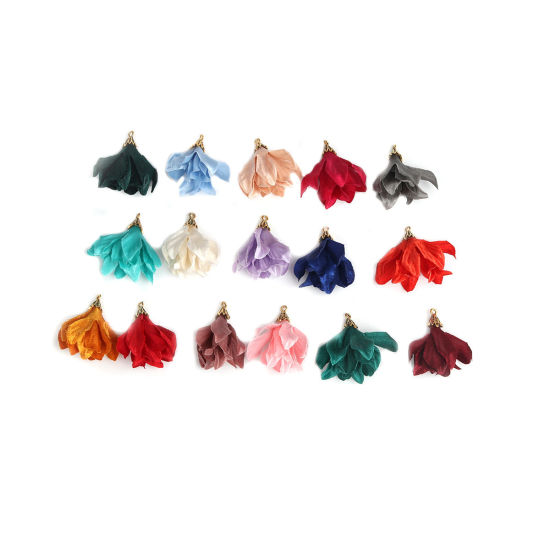 Immagine di Stoffa Nappine Ciondoli Fiore Oro Placcato Arancione Polka Dot 4.1cm x 3.7cm, 10 Pz