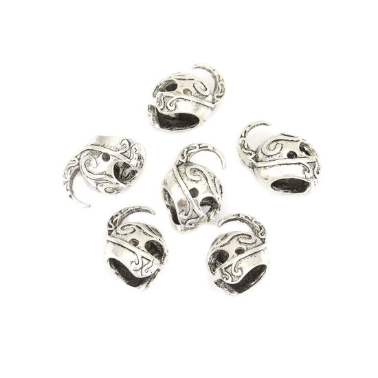 Immagine di Lega di Zinco Perline Elmetto Argento Antico Intagliato Scolpisce Circa 20mm x 12mm, Foro:Circa 1.7mm, 10 Pz