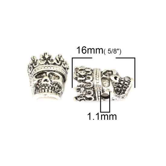 Immagine di Lega di Zinco Perline Cranio Argento Antico Corona Scolpisce Circa 16mm x 11mm, Foro:Circa 1.1mm, 20 Pz