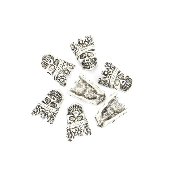 Immagine di Lega di Zinco Perline Cranio Argento Antico Corona Scolpisce Circa 16mm x 11mm, Foro:Circa 1.1mm, 20 Pz