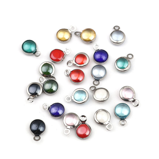 Picture of 304 Stainless Steel Charms Round Silver Tone At Random 9mm x 7mm, 10 PCs