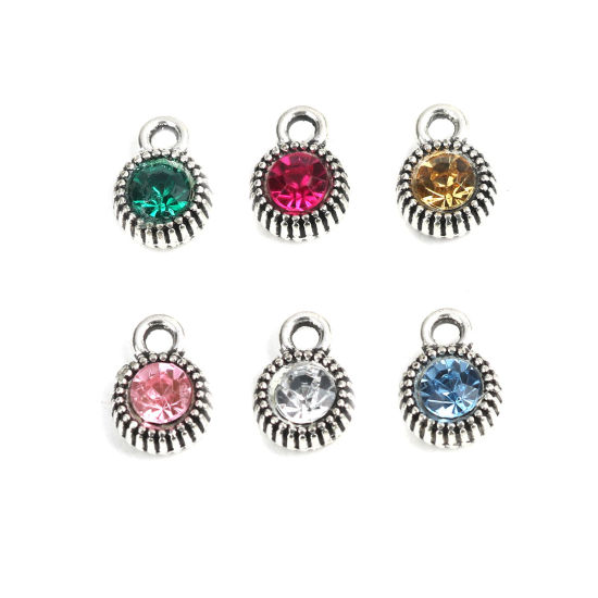 Picture of Zinc Based Alloy Charms Round Antique Silver Color Pentagram Star Light Blue Rhinestone 12mm x 8mm, 20 PCs