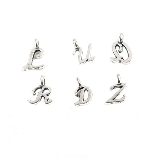 Image de 1 Kit ( 26 Pcs/Kit) Breloques en Alliage de Zinc Argent Vieilli Alphabet Majuscule Lettre Initiale Mots " A-Z " 11mm x 10mm