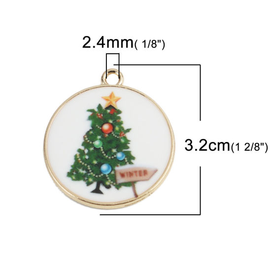 Изображение Цинковый Сплав Подвески Круглые Позолоченный Рождественская елка С Эмалью 32мм x 28мм, 10 ШТ
