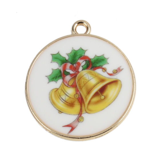 Picture of Zinc Based Alloy Pendants Round Gold Plated Christmas Jingle Bell Enamel 32mm x 28mm, 10 PCs