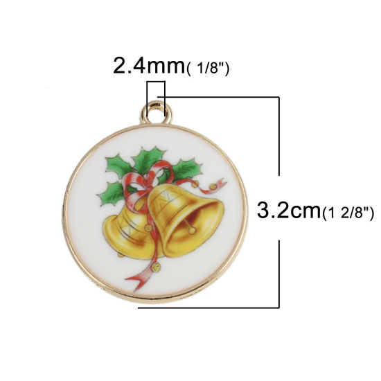 Picture of Zinc Based Alloy Pendants Round Gold Plated Christmas Jingle Bell Enamel 32mm x 28mm, 10 PCs