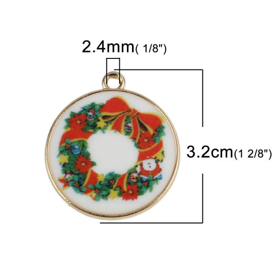 Picture of Zinc Based Alloy Pendants Round Gold Plated Christmas Wreath Enamel 32mm x 28mm, 10 PCs