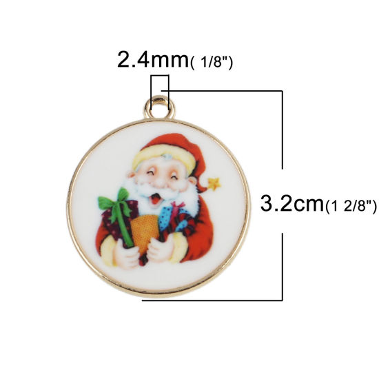 Изображение Цинковый Сплав Подвески Круглые Позолоченный Дед Мороз С Эмалью 32мм x 28мм, 10 ШТ