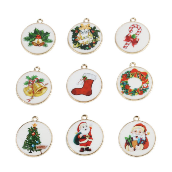 Picture of Zinc Based Alloy Pendants Round Gold Plated Christmas Santa Claus Enamel 32mm x 28mm, 10 PCs