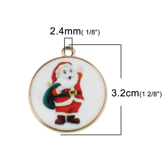 Изображение Цинковый Сплав Подвески Круглые Позолоченный Дед Мороз С Эмалью 32мм x 28мм, 10 ШТ