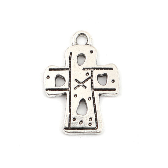 Picture of Zinc Based Alloy Hammered Charms Cross Antique Silver Color Stripe Hollow 22mm x 16mm, 50 PCs