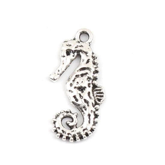Picture of Zinc Based Alloy Hammered Charms Seahorse Animal Antique Silver Color 25mm x 12mm, 50 PCs