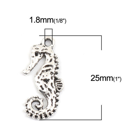 Picture of Zinc Based Alloy Hammered Charms Seahorse Animal Antique Silver Color 25mm x 12mm, 50 PCs