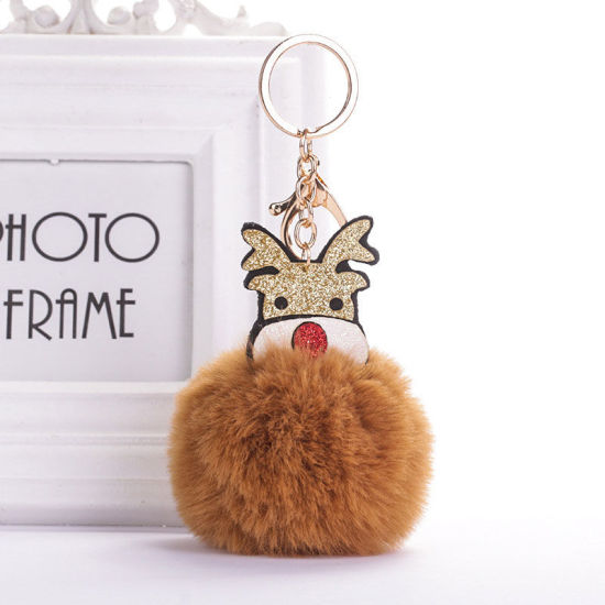 Picture of Zinc Based Alloy Keychain & Keyring Gold Plated Coffee Christmas Reindeer Pom Pom Ball Sequins 15.4cm x 7.4cm, 1 Piece