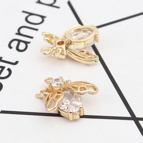 Picture of Brass Insect Charms 18K Real Gold Plated Bee Animal Clear Rhinestone 15mm x 14mm, 2 PCs                                                                                                                                                                       