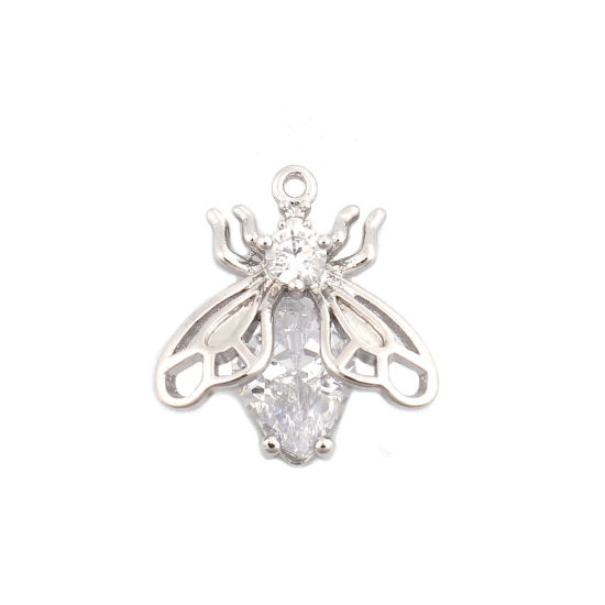 Picture of Brass Insect Charms 18K Real Platinum Plated Bee Animal White Rhinestone 15mm x 14mm, 2 PCs                                                                                                                                                                   