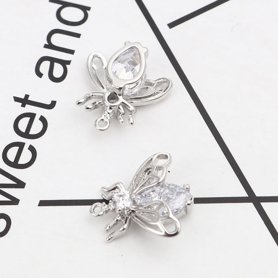 Picture of Brass Insect Charms 18K Real Platinum Plated Bee Animal White Rhinestone 15mm x 14mm, 2 PCs                                                                                                                                                                   