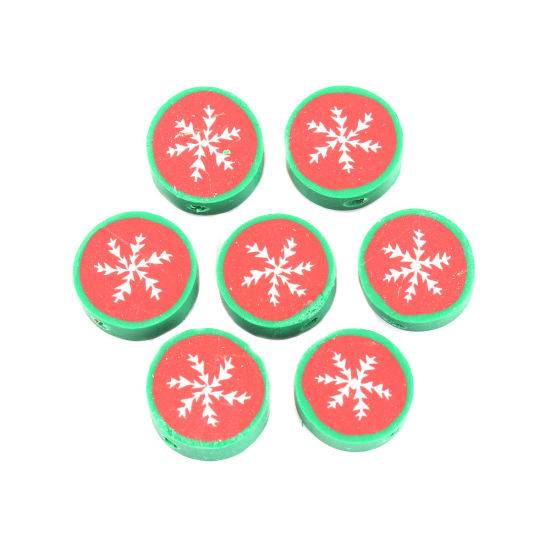 Picture of Polymer Clay Beads Round Multicolor Christmas Snowflake Pattern About 12mm Dia, Hole: Approx 2.3mm, 40 PCs