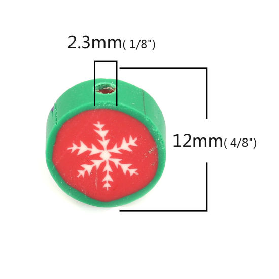 Bild von Polymer Ton Perlen Rund Bunt, mit Weihnachten Schneeflocke Muster, 12mm D., Loch: 2.3mm, 40 Stück