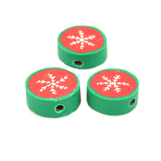 Picture of Polymer Clay Beads Round Multicolor Christmas Snowflake Pattern About 12mm Dia, Hole: Approx 2.3mm, 40 PCs