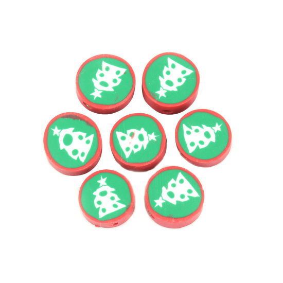 Picture of Polymer Clay Beads Round Multicolor Christmas Tree Pattern About 12mm Dia, Hole: Approx 2.3mm, 40 PCs