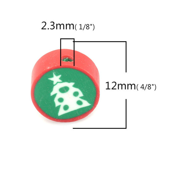 Bild von Polymer Ton Perlen Rund Bunt, mit Weihnachten Weihnachtsbaum Muster, 12mm D., Loch: 2.3mm, 40 Stück