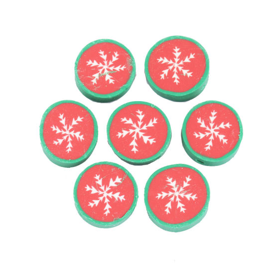 Bild von Polymer Ton Perlen Rund Bunt, mit Weihnachten Schneeflocke Muster, 15mm D., Loch: 2.3mm, 40 Stück