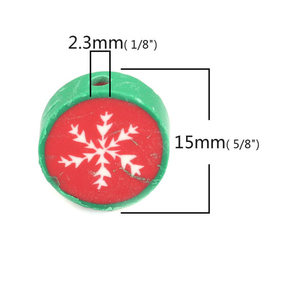 Bild von Polymer Ton Perlen Rund Bunt, mit Weihnachten Schneeflocke Muster, 15mm D., Loch: 2.3mm, 40 Stück