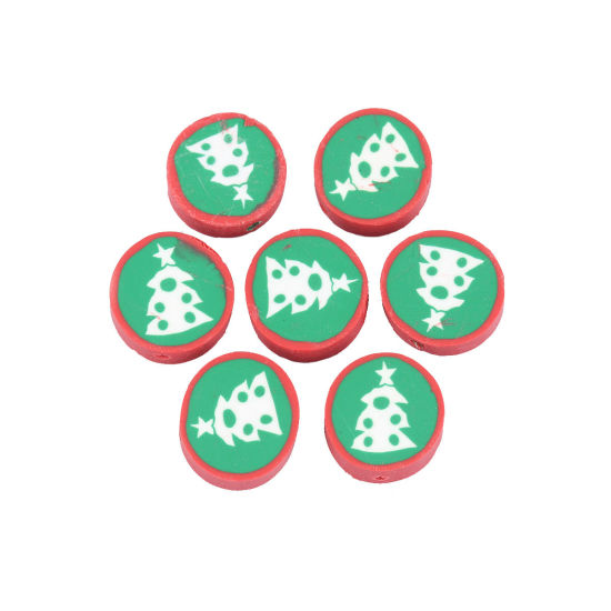 Bild von Polymer Ton Perlen Rund Bunt, mit Weihnachten Weihnachtsbaum Muster, 15mm D., Loch: 2.3mm, 40 Stück