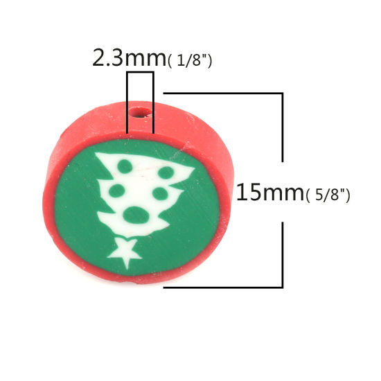 Изображение Глина Бусины Круглые, Разноцветный с узором “ Рождественская елка ” 15мм диаметр, 2.3мм, 40 ШТ