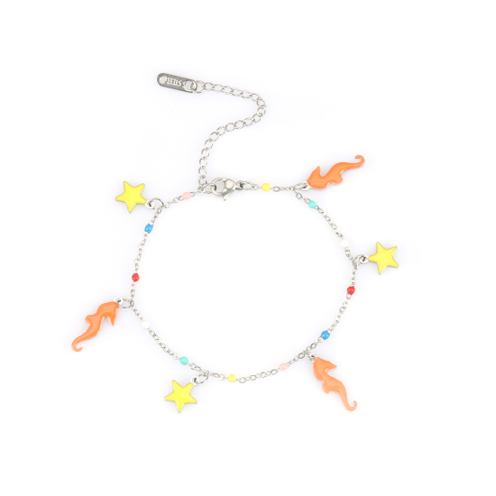 Stainless Steel Bracelets Silver Tone Multicolor Seahorse Animal Pentagram Star Enamel 17.5cm(6 7/8") long, 1 Piece の画像