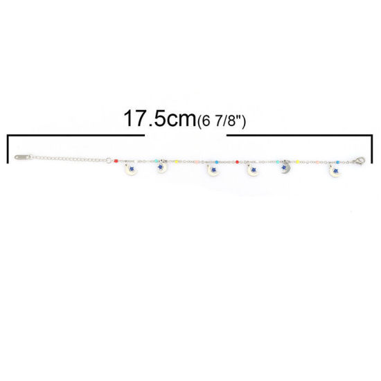 Image de Bracelets à Breloque en Acier Inoxydable Argent Mat Multicolore Demi Lune Etoile Émail 17.5cm long, 1 Pièce