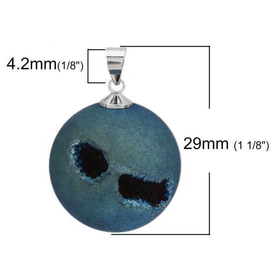 Picture of (Grade A) Copper & Agate ( Natural ) Druy/ Drusy Charms Round Silver Tone Blue AB Color 29mm x 20mm, 1 Piece