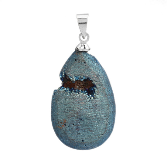 (Grade A) Copper & Agate ( Natural ) Druzy/ Drusy Pendants Drop Silver Tone Blue AB Color 3.4cm x 1.7cm, 1 Piece の画像