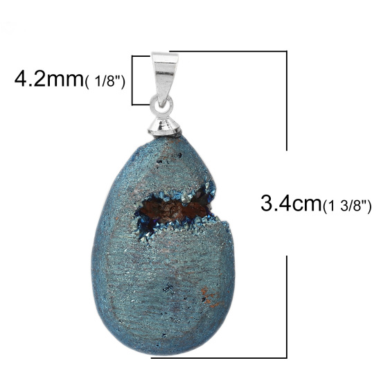 Picture of (Grade A) Copper & Agate ( Natural ) Druzy/ Drusy Pendants Drop Silver Tone Blue AB Color 3.4cm x 1.7cm, 1 Piece